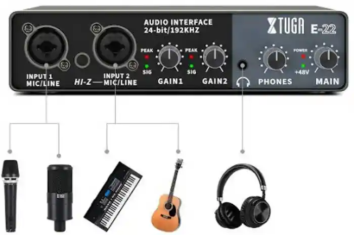 XTUGA E22 Audio Interface Sound Card with Monitoring,Electric Guitar Live Recording Professional Sound Card For Studio